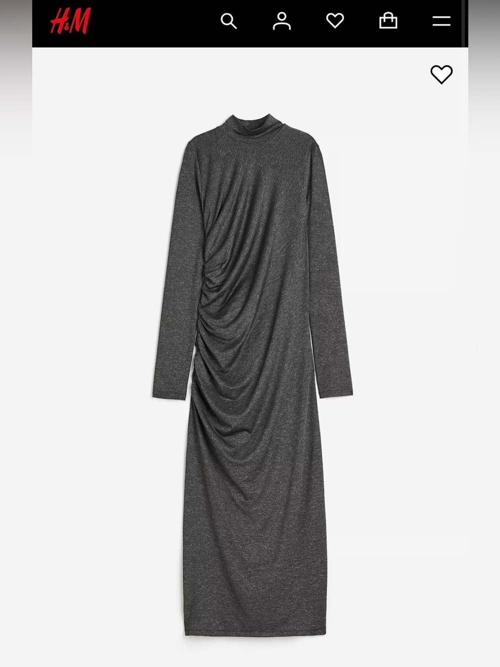 H&M Charcoal Long-Sleeve Ruched Midi Dress